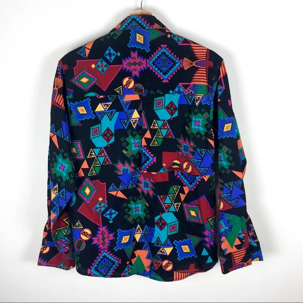 VINTAGE Tribal Aztec Print Button Down Shirt - M - Picture 5 of 8